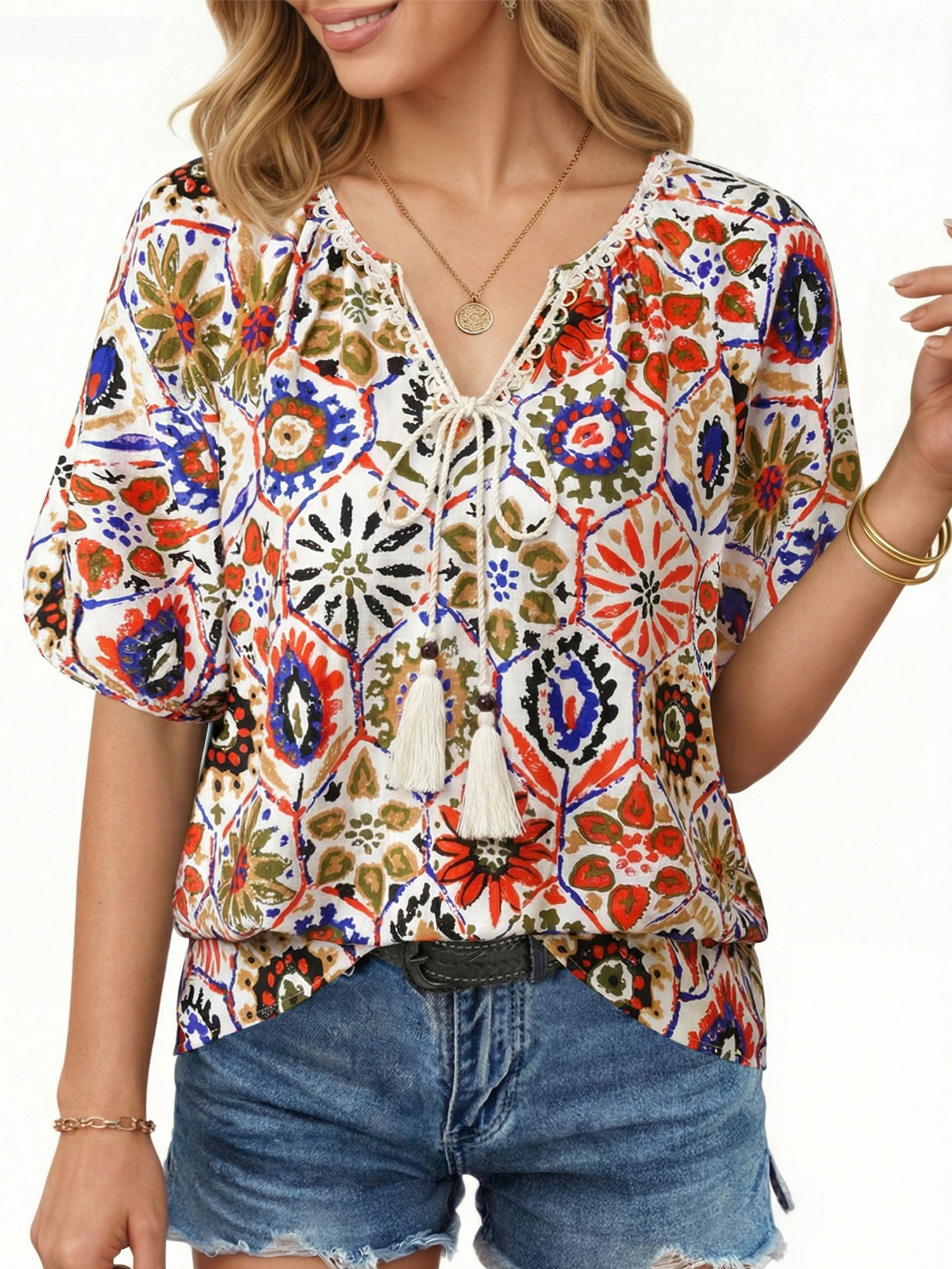 UVN Women's Boho Floral Tie-Front Blouse, Multicolor photo 2
