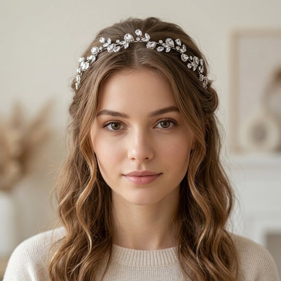 MIALLO Glamorous Silver Floral Zircon Hair Band, Elegant Wedding Hairband with Fixed Loops, for Wedding and Photo Shoot