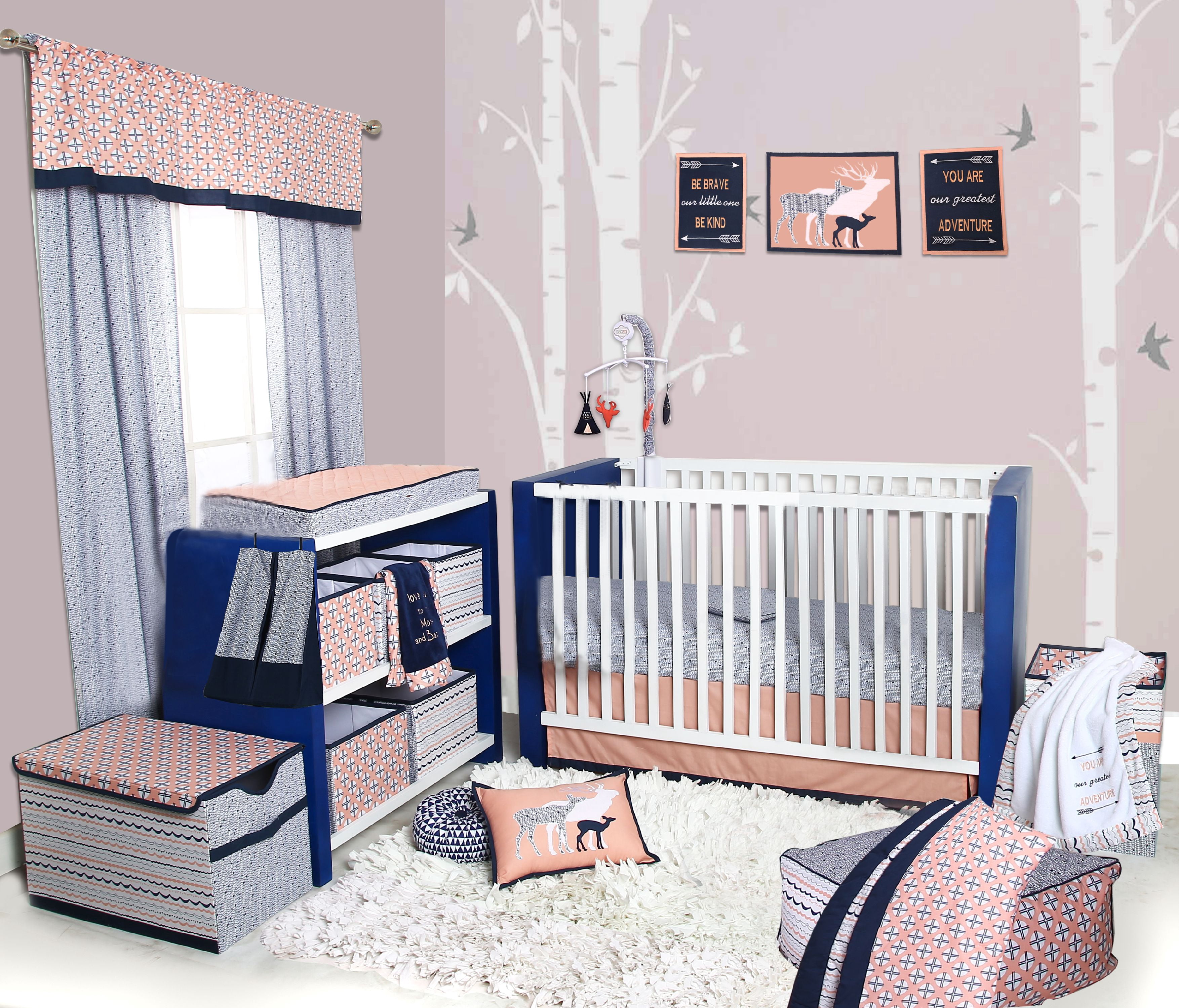 Bacati - Olivia Tribal Coral/Navy 10-Piece Nursery in a Bag 100% Cotton Percale Girls Crib Bedding Set with 2 crib fitted sheets (Bumper Pad not included) for US standard Cribs