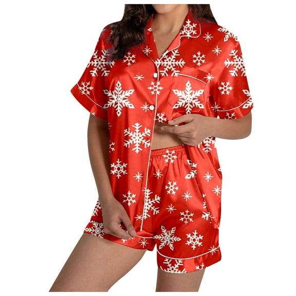 Postpartum Recovery Pajamas – Women's Lounge Sets, Comfortable Pajama Sets for Recovery Women's Snowflake Print Short Sleeve & Shorts Pajama Set For Christmas