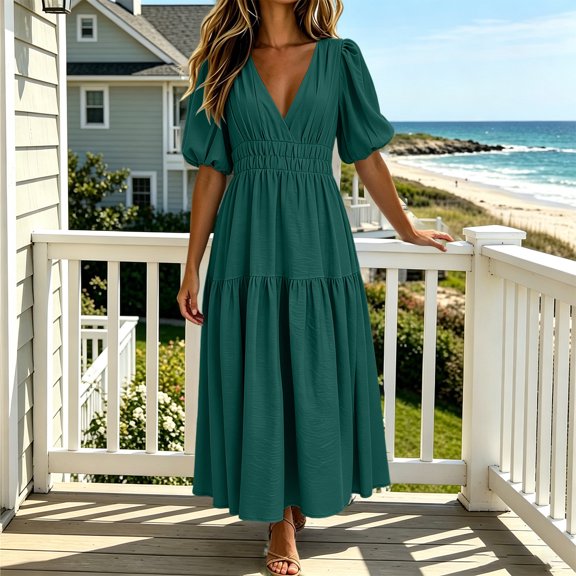Ayolanni V-Neck Sundresses for Women Smocked Puff Sleeve Short Sleeve Solid Maxi A-Line Dress Wedding Guest Dressy Ruffle Knee Length Party Sundress Green L
