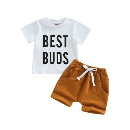 

Infant Baby Summer Clothes 2 Pcs Suit Letter Print Short Sleeve Crew Neck T-Shirt + Elastic Waist Solid Color Shorts