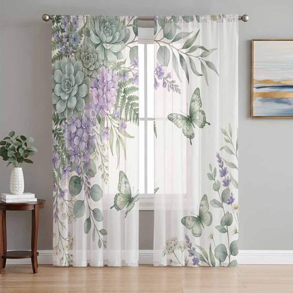 Spring Lavender Sheer Curtains 72 Inch Length 2 Panels Set, Garden Botanical Leaves Butterflies Voile Window Treatment Rod Pocket Curtains Sheers Drapes for Bedroom/Living Room/Kitchen 52"x72"x2