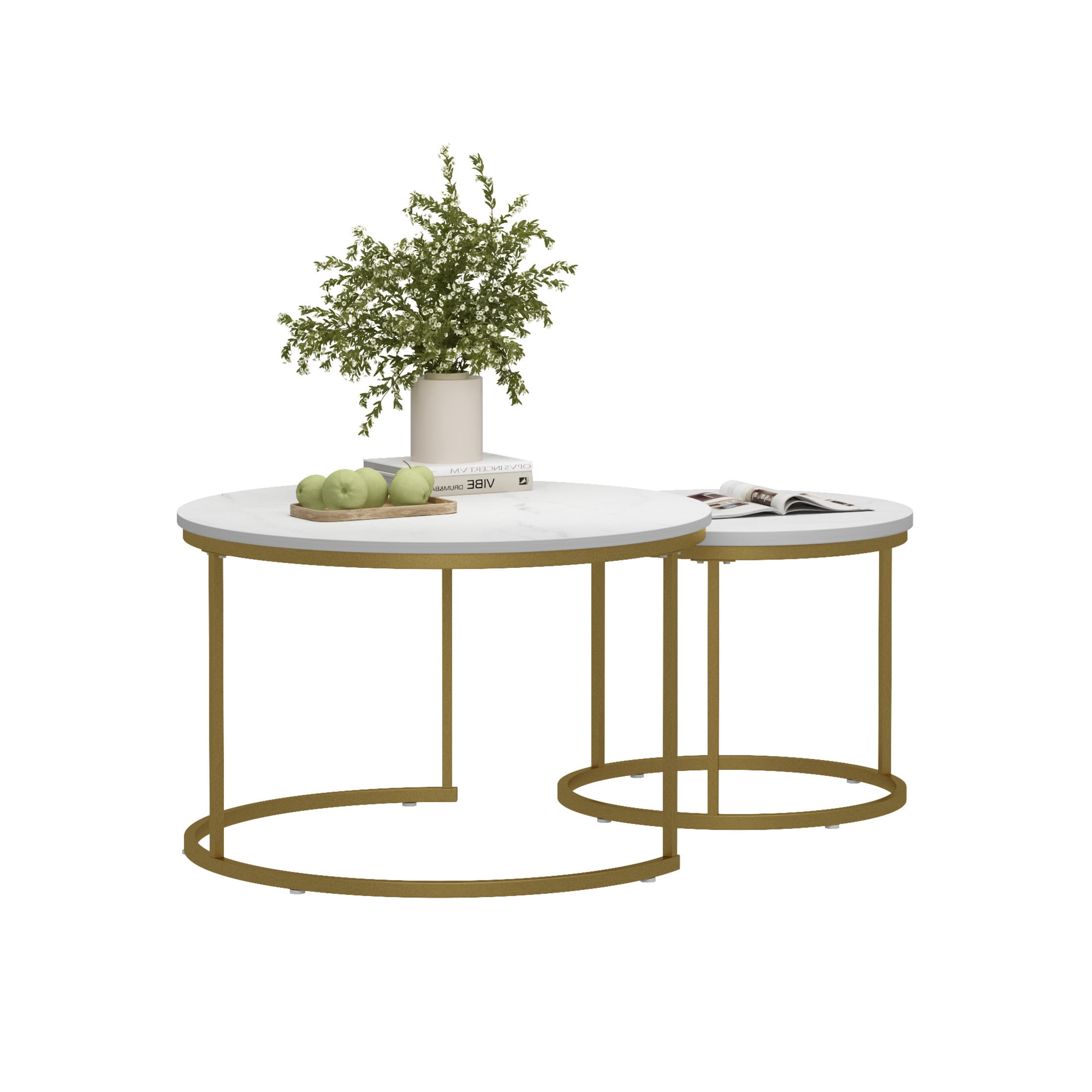 Noble House 27.6" Round Nesting Coffee Table with Marble Top, Wooden Side End Tables for Living Room, White, Set of 2