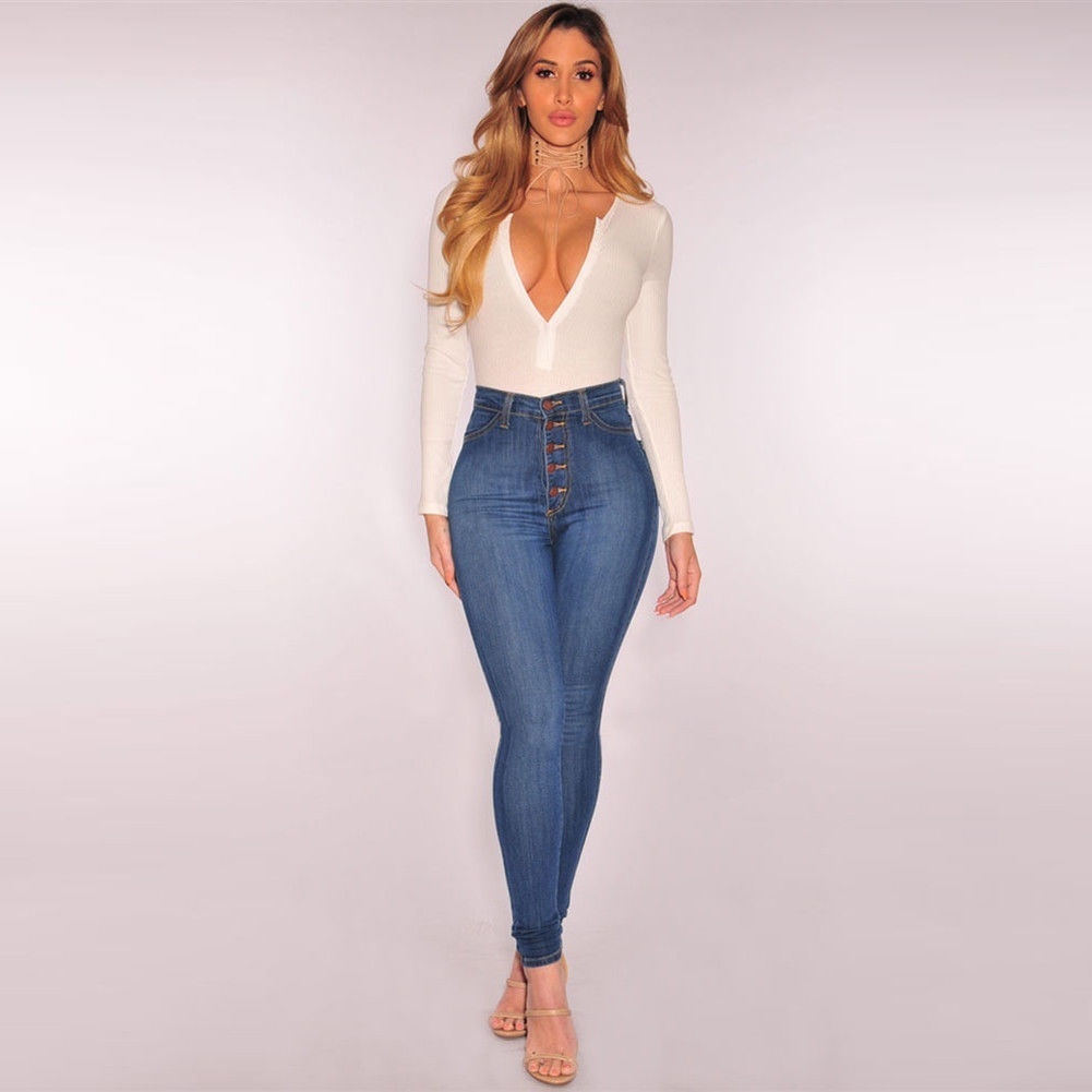 Women Denim Button Up High Waist Skinny 