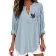 thumbnail image 4 of Womens Linen Tops Womens Summer Tops Cotton Boho Tops Boho Peasant Gauze Blouses Loose Fit Tee Shirt Women Womens Gauze Tops Solid Color Work Blouses Linen Clothing For Women Sky Blue 5XL, 4 of 4