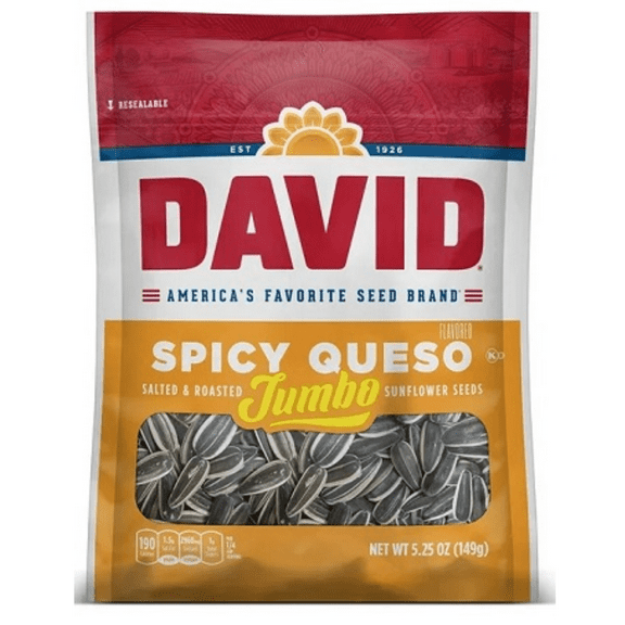 DAVID Seeds JUMBO SPICY QUESO Sunflower Seeds, Keto Friendly Snack, 5.25 Ounce Bags, (BOX OF 12) DELICIOUS READY TO EAT