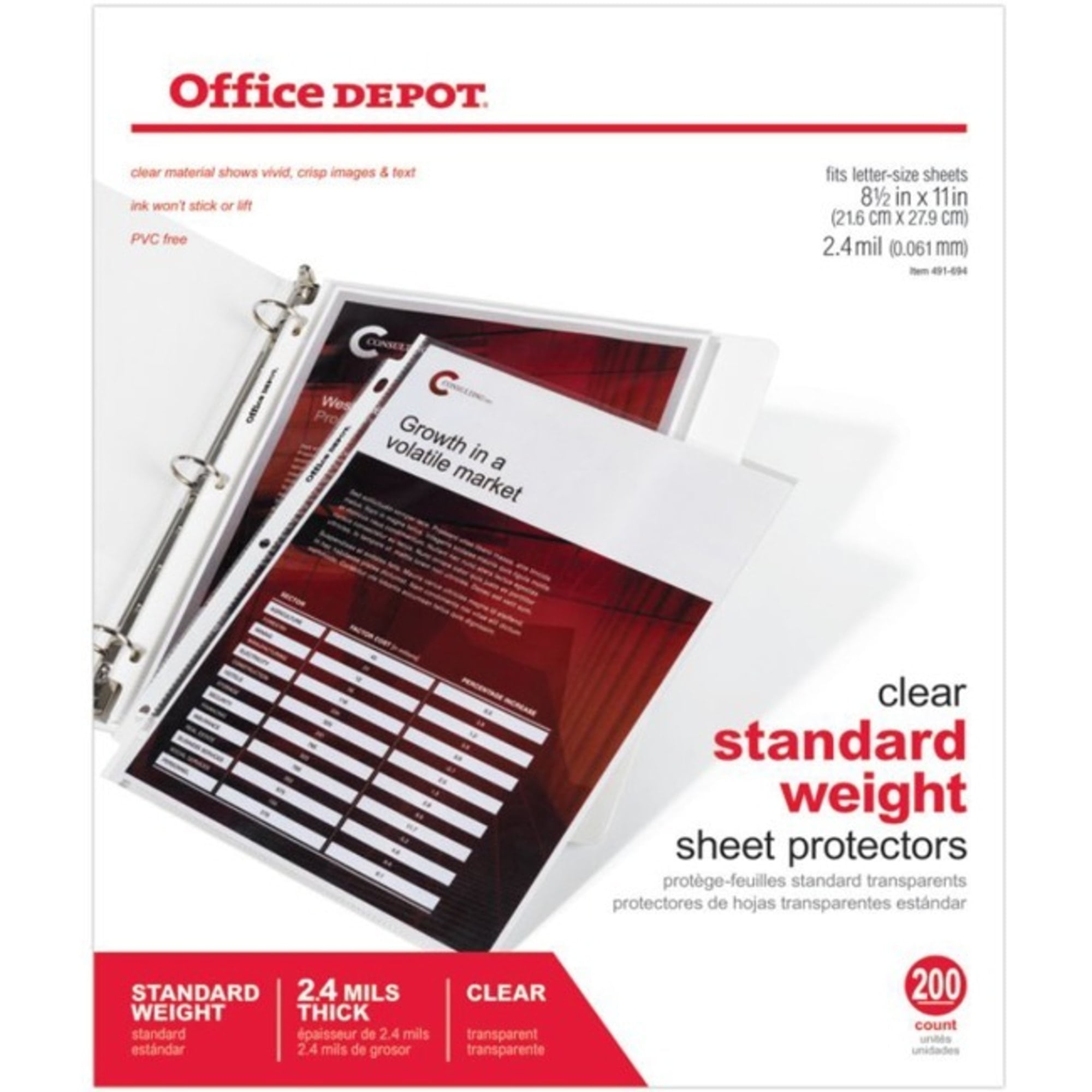 Office Depot Standard Weight Sheet Protectors, 8 1/2in. x 11in., Clear,  Pack Of 200, OD491694 