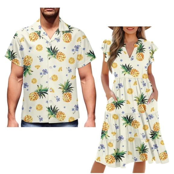 Garronmavis Pineapple Matching Outfits for Couples Husban and Wife Clothing Men's Short Sleeve Shirt Light Beach Tops and Women's V-neck Dress A-Line Party Dresses Size M