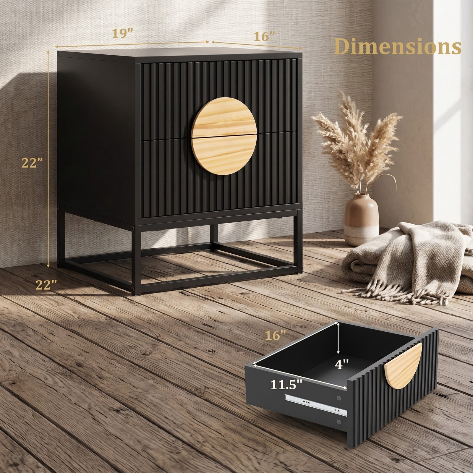 Furnibear Mid Century Fluted 2-Drawer Nightstand with Natural Pine Wood Handle and Metal Base for Bedroom, Black and Natural