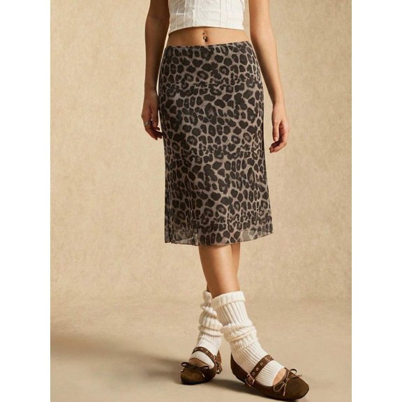 Brown Leopard Print Mesh Midi Skirt, Wrap Style, Casual Retro