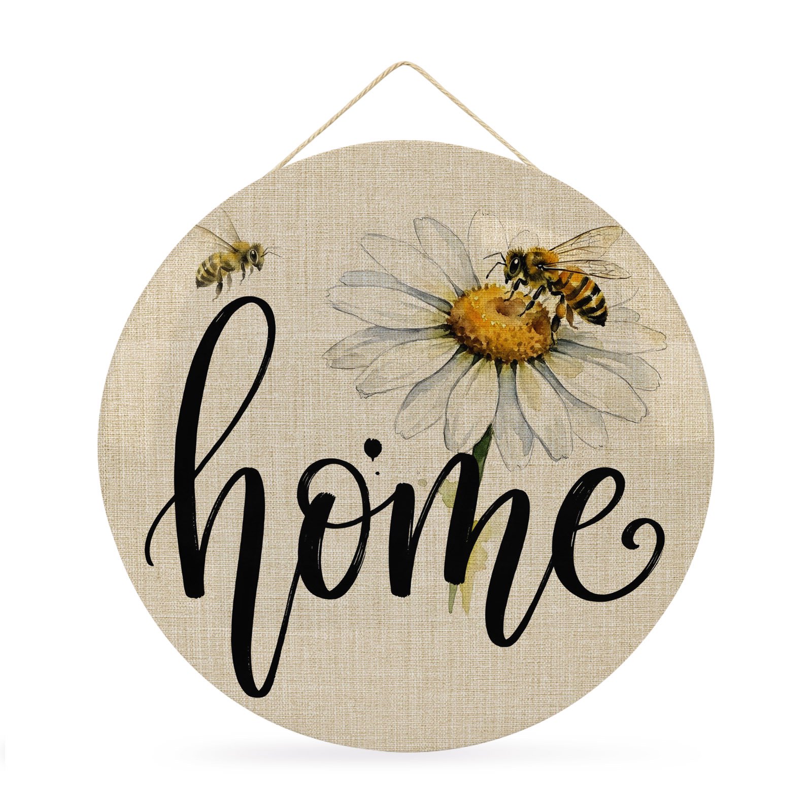 Welcome Sign Front Door Decorations White Daisy Floral Round Wall Art Outdoor Metal Wreaths Rustic Home Honeybees Burlap Seasonal Hanging Sign for Home Porch Decor Warming Gift 12 In
