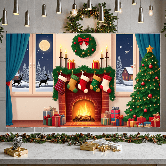 Festive Design Christmas Banner Decorative Stockings Wreath Holiday Fireplace Decoration for Family Gathering Winter Festive Indoor Celebration