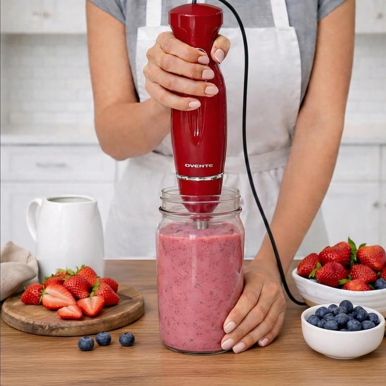 OVENTE Electric Hand Blender 300W, 2 Speeds, Stainless Steel, Red