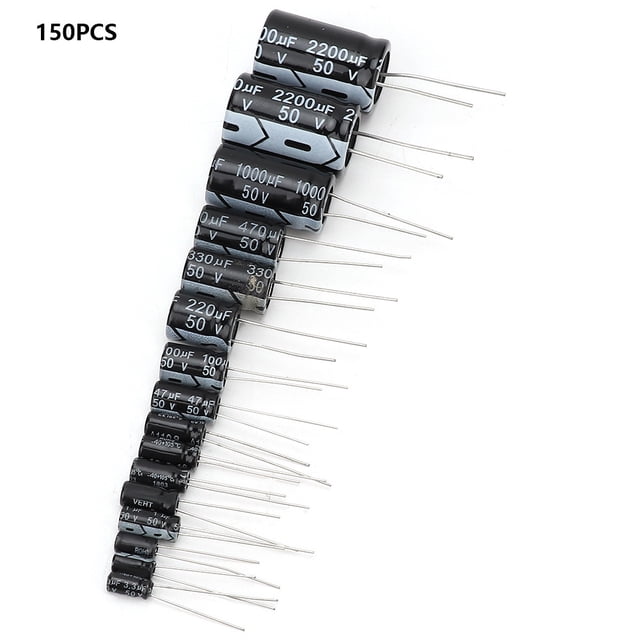 Kit de condensadores electrolíticos de 150 piezas, surtido de condensadores electrolíticos de 50 V, 1 uF a 2200 uF