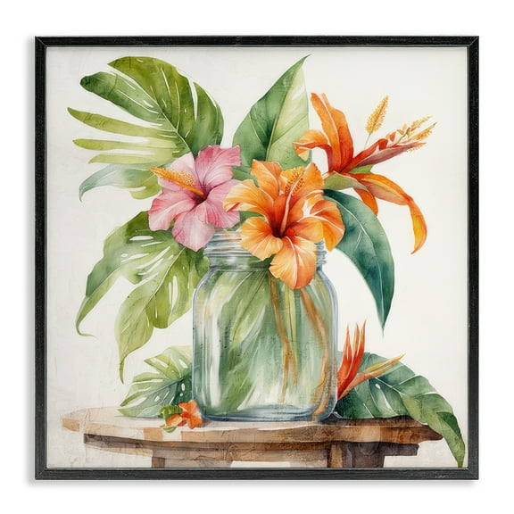 Stupell Industries Tropical Floral Jar Plants & Flowers Painting Black Framed Art Print Wall Art, 12 x 12