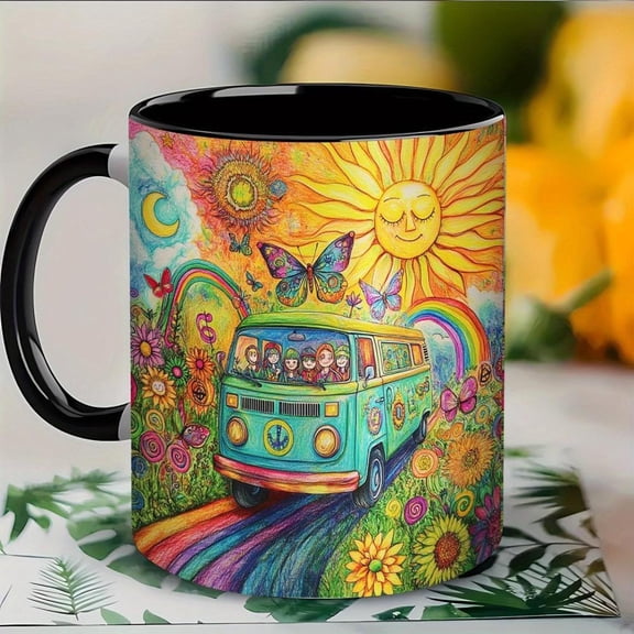 Retro Hippie Van Mug Retro Hippie Van Ceramic Coffee Mug 1 Dual Sided Printed with Vibrant Moon Butterflies Flowers Design Birthdays Easter Valentine