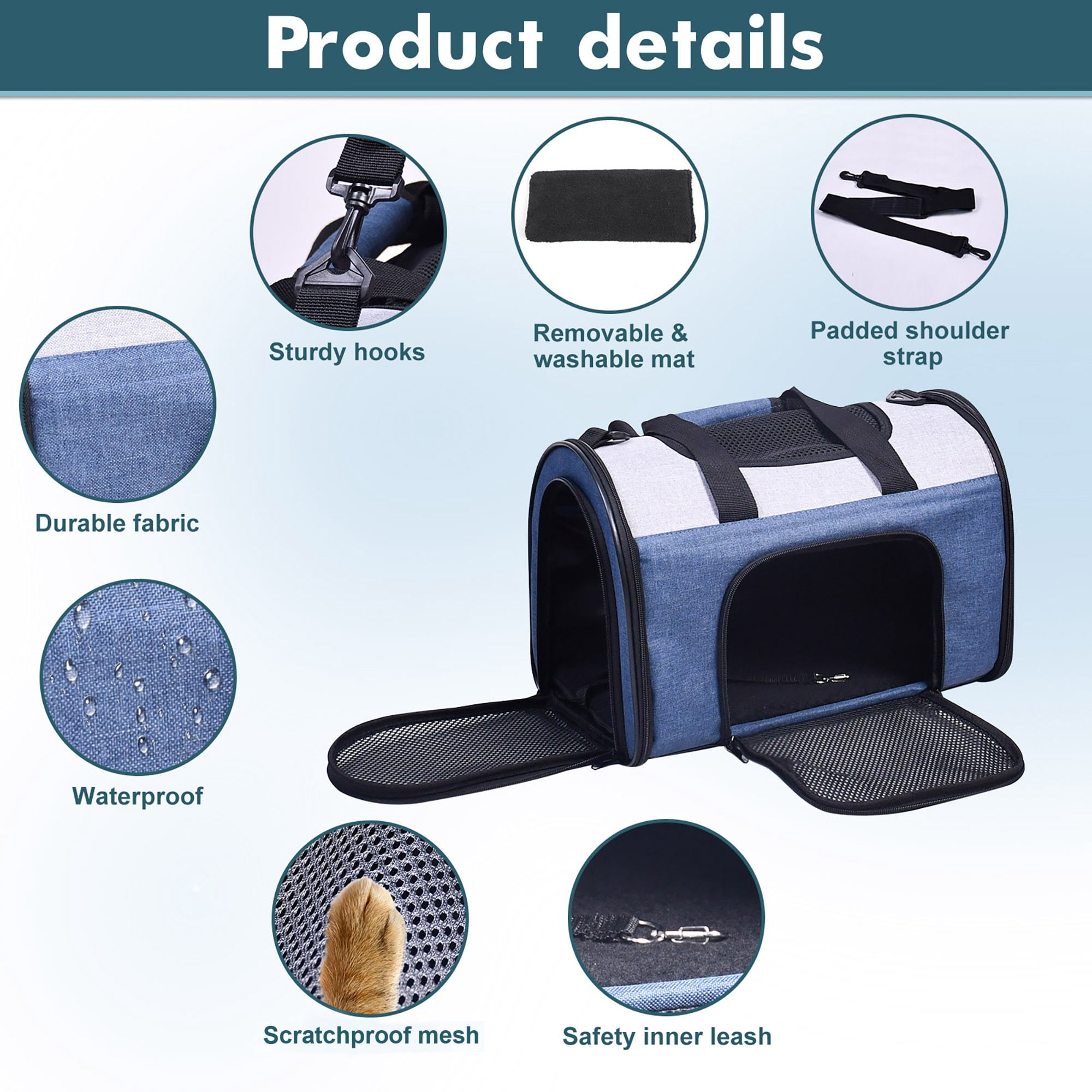 JESPET & GOOPAWS: Sport Airline Pet Carrier - Dark Blue - 16", Dogs Cats Up To 10lbs, Soft-Sided Collapsible Kennel, Airline Approved, Travel Handbag
