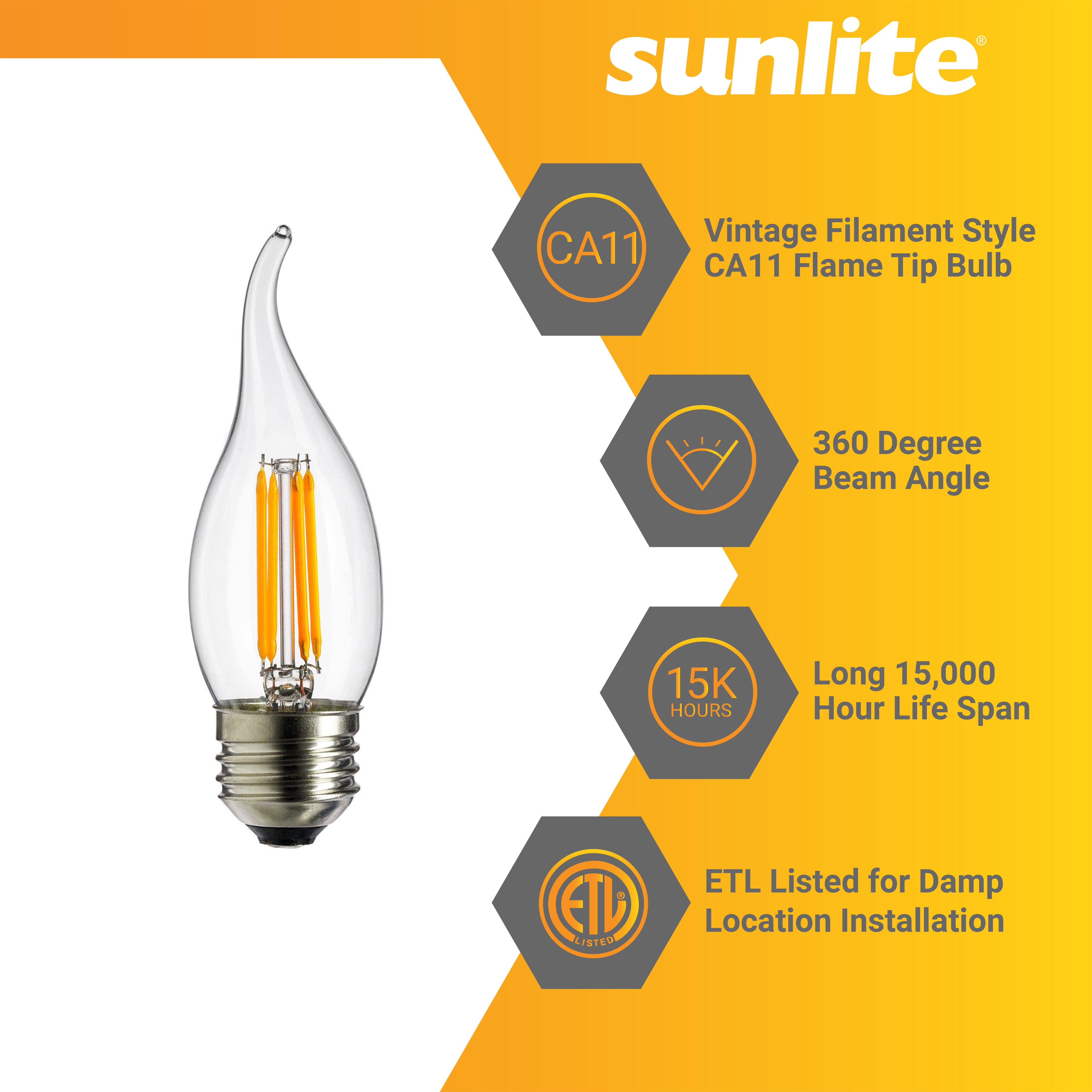 Sunlite LED CA11 Flame Tip Chandelier Light Bulb, 4 Watts (40W Equivalent), Medium E26 Base, Dimmable, Edison Style, 1800K Candle Light, 6 Pack