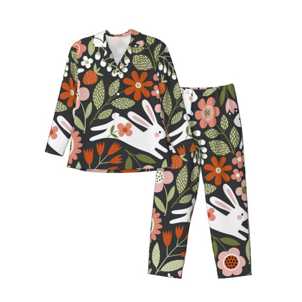 Fotbe Rabbits on Floral Pijama de Hombre con Estampado de Manga Larga, Conjunto de 2 Piezas, Ropa de Dormir Suave y Cómoda con Bolsillos-Medium