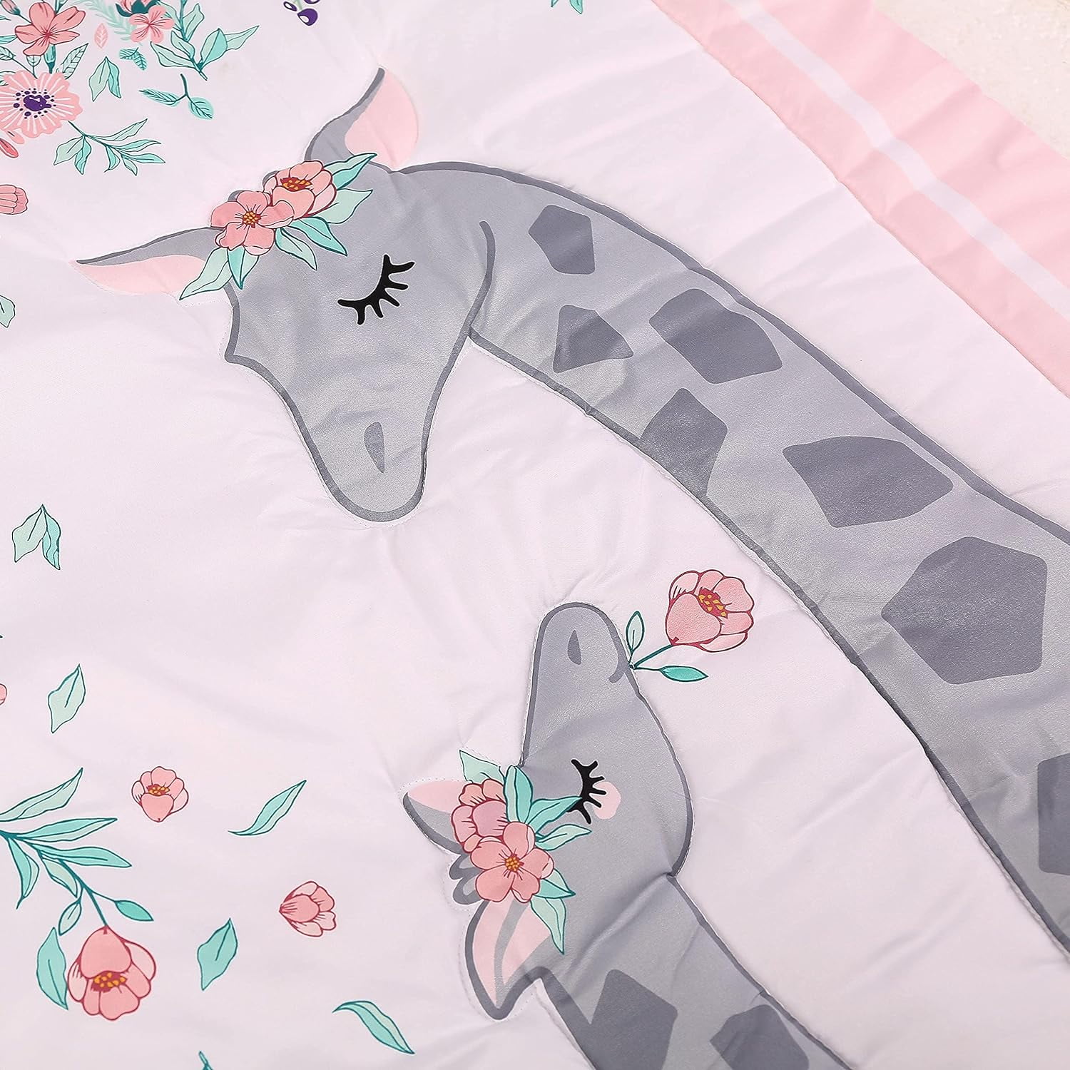 Sweet Baba 4 PC Crib Bedding Set for Girls, Pink Nursery Crib Bedding Set , Giraffe Crib Set Including Crib Skirt, Crib Quilt, Crib Sheet and Diaper Stacker