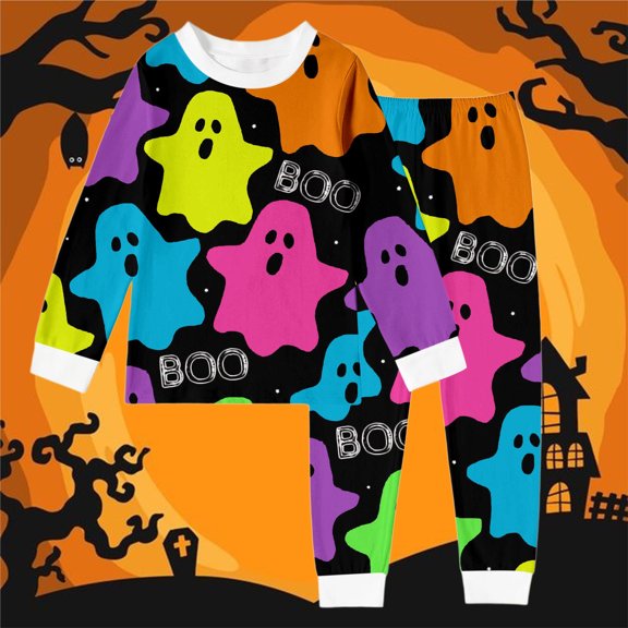BOOMNY Halloween Girls 2 Peice Pajamas Sets Hallowmas Pumpkin Ghost Graphic Long Sleeve Sleepwear Tops Pants Pjs Set for Kids Cozy Loungewear Homewear