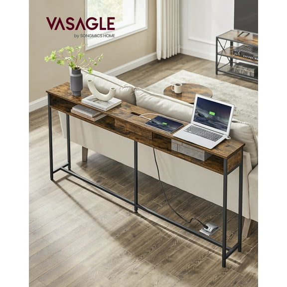 VASAGLE Narrow Console Table - 70.9 Inch Sofa Table with 2 Outlet and 2 USB Ports, Long Entryway Table for Hallway, Behind The Couch, Home Office or Living Room