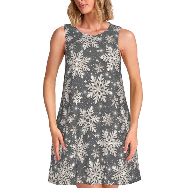 Balery Sparkling Snowflakes Vestidos de verano para mujer con estampado: vestido holgado sin mangas, vestido playero informal y cómodo para días calurosos.