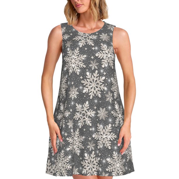 Easygdp Sparkling Snowflakes para Vestido Transpirable de Mujer, Vestido Suelto de Manga Corta con Pliegues y Bolsillos para el Verano