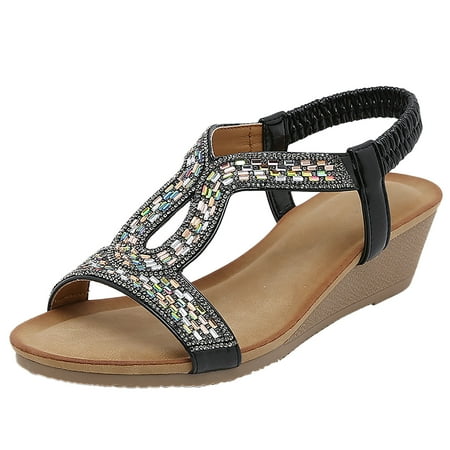 

Huanghuaa Women Summer Elastic Band Rhinestones Casual Open Toe Wedges Soft Bottom Breathable Shoes Sandals Cute Colorful Sandals for Women