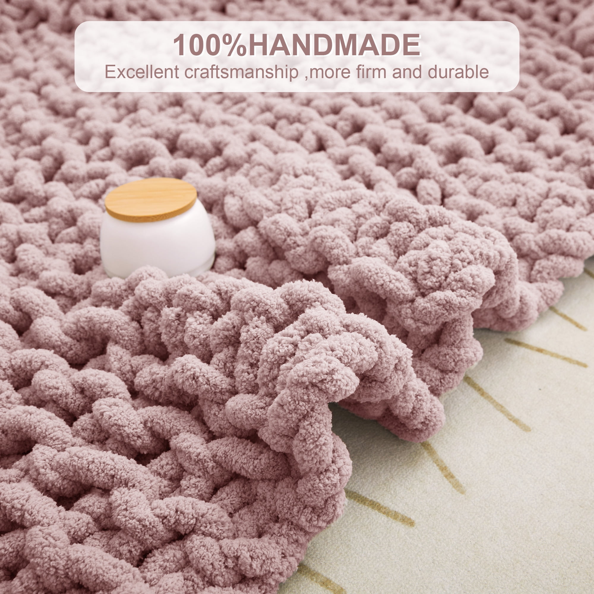 Mooreeke Chunky Knit Blanket 40"x50" Pink Soft Washable Chenille Throw Blanket Cozy 100% Handmade Crochet Blankets with Jumbo Chenille Yarn for Couch Bed Sofa Room Decor