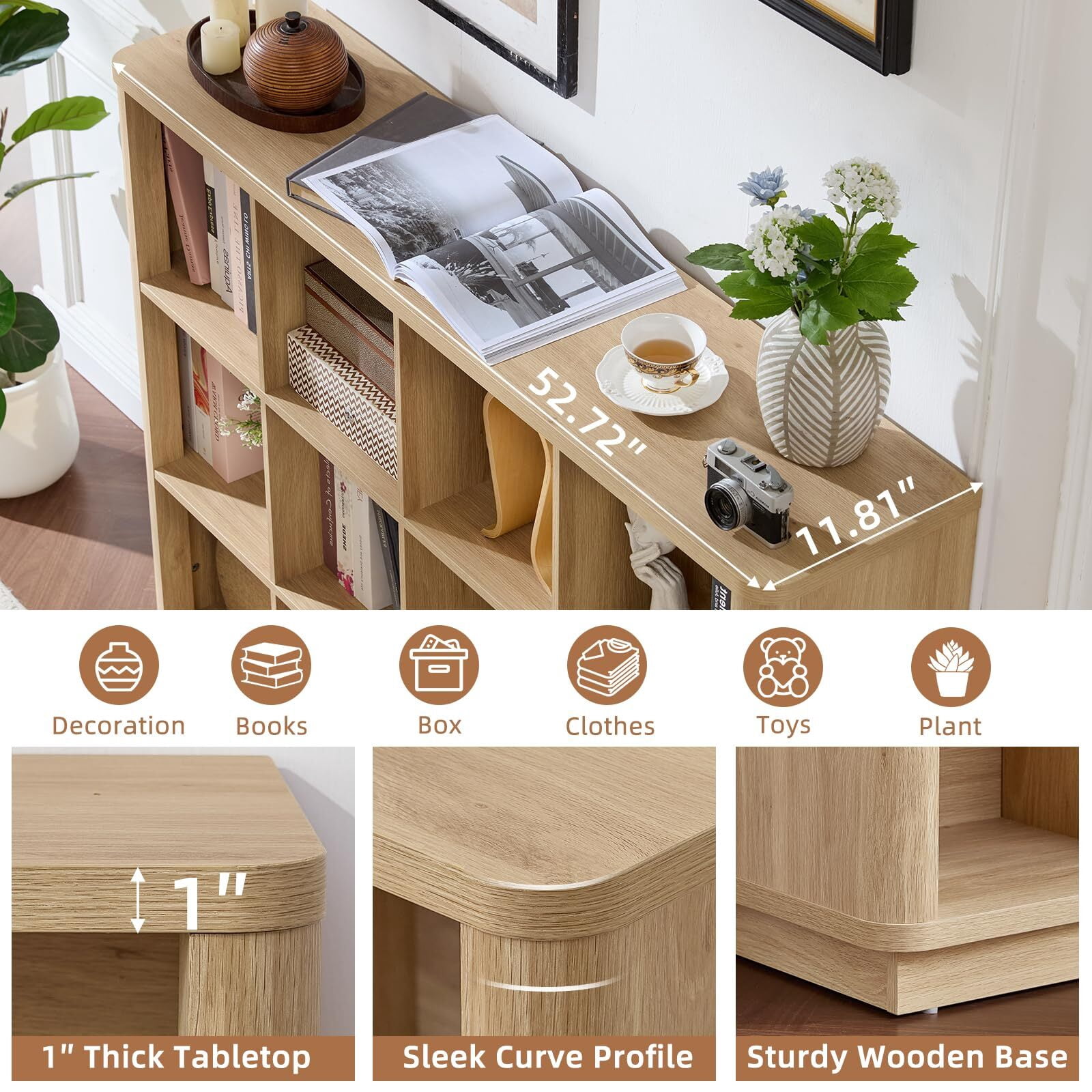 Buildhom 12-Cube 3-Tier Storage Bookcase, 41" Tall Floor Standing Bookshelf with Curved Edge for Living Room, Office, Natural