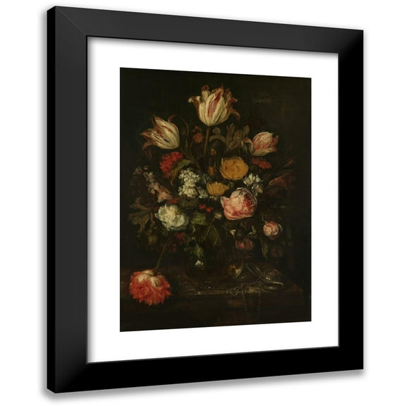 Abraham van Beyeren 11x14 Black Modern Framed Museum Art Print Titled - Still Life with Flowers (C. 1660 - 1690)