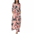 thumbnail image 5 of Women's 3/4 Sleeve Round Neck Gathered Waist Casual Stretched Rose Floral Maxi Dress with Hidden Side Pockets Pink S, 5 of 7