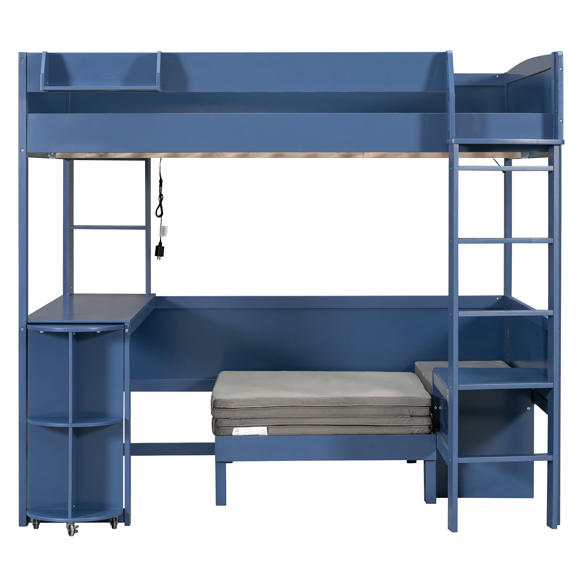 Mintazer Full Size Loft Bed with Desk, LED Light, Bedside Storage Shelf & Sofa Bed Space Saving for Apartment, Bedroom, Navy Blue