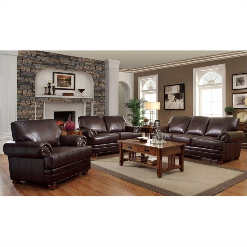 Coaster Colton 3 Piece Leather Sofa Set in Brown