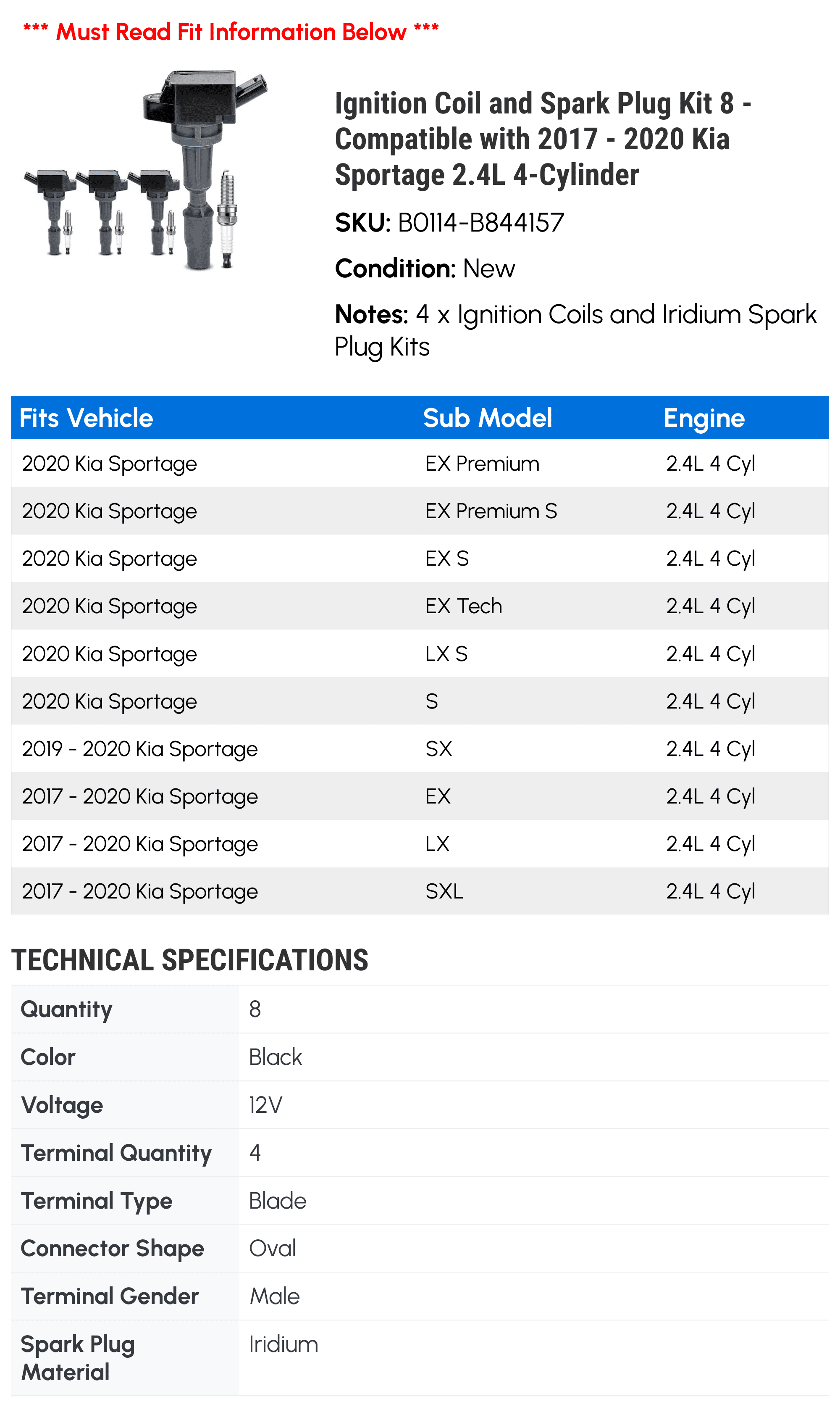 Ignition Coil and Spark Plug Kit 8 - Compatible with 2017 - 2020 Kia Sportage 2.4L 4-Cylinder - Autopart Premium