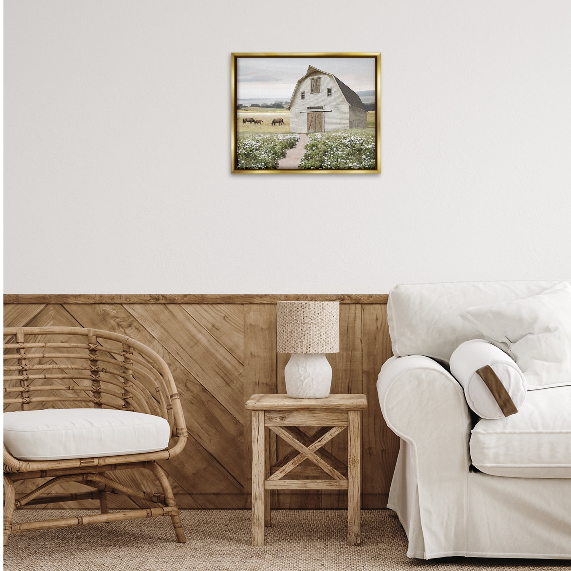 Stupell Industries Charming Path to Barn Landscape & Nature Painting Gold Floater Framed Canvas Art Print Wall Art, 21 x 17