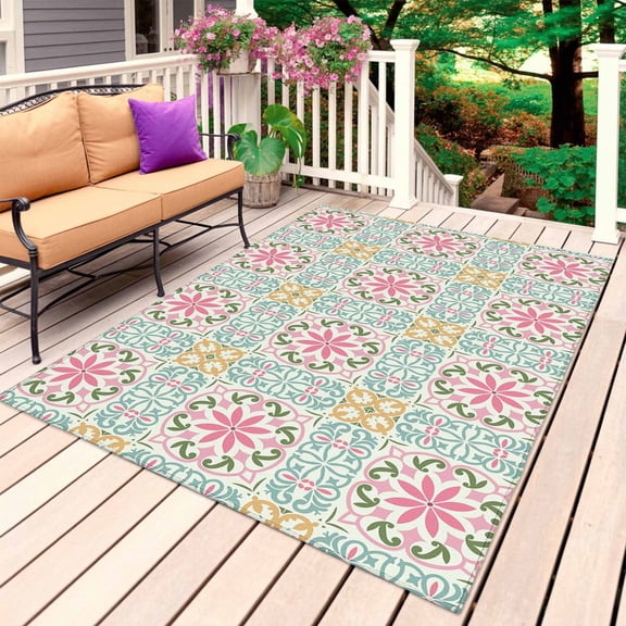 Pink Green Flowers Outdoor Rug 5x7 Ft, Non Slip Washable Area Rug, Country Botanical Abstract Floral Patterned Patio Rugs Carpet Runner, Large Floor Mat for Indoor/Outdoor Deck Porch Camping
