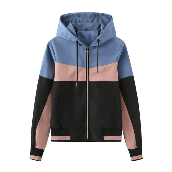 EQWLJWE Womens Cycling Rain Jacket Waterproof Lightweight with Hood Color Blocking Zipper Drawstring Waterproof Jacket Windproof Elastic Hem Running Jacket Raincoat for Hiking Travel Outdoor