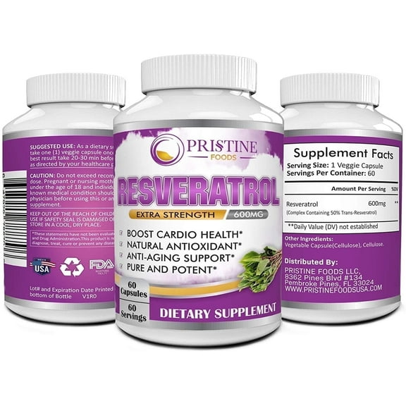 3 Pack Pristine Extra Strength Resveratrol Supplement 600mg - Trans-Resveratrol for Anti-Aging & Antioxidant, Cardiovascular Health, Blood Sugar Support - 60 Capsules