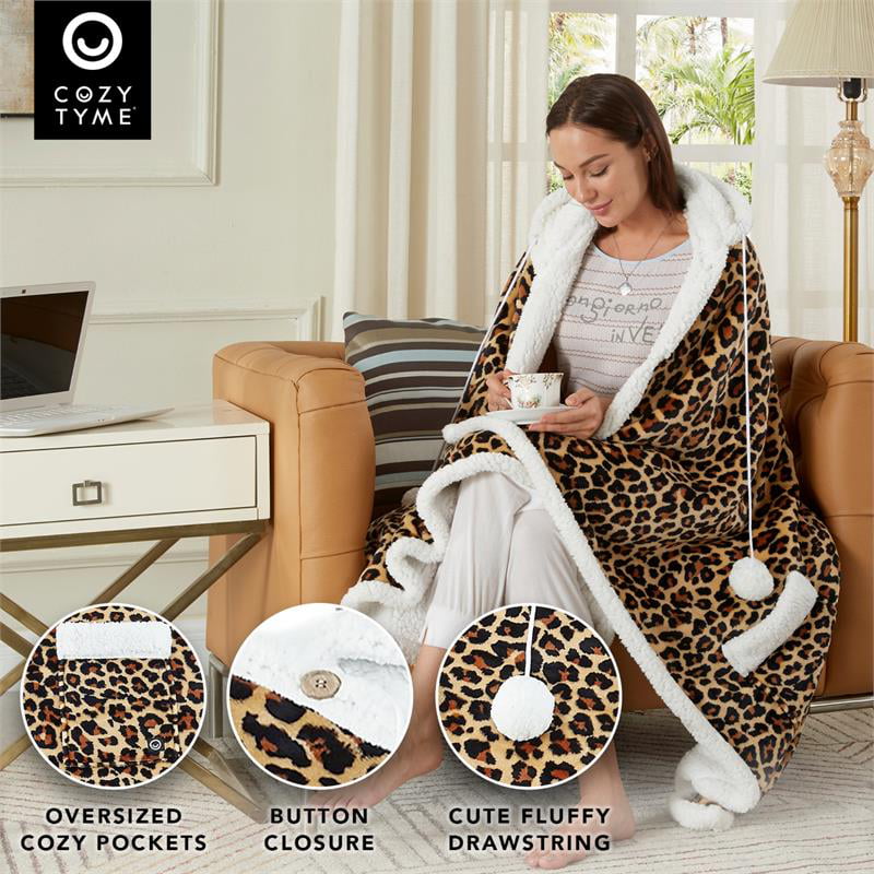 Posh Living Milana Sherpa Polyester Extra Soft Throw Blanket with Hoodie Leopard 50x70