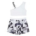 thumbnail image 2 of YONGHS Kids Girls Shoulder Straps Athletic Crop Top with Rave Shorts Gymnastics Tracksuit Sportswear Black Geometry 6, 2 of 8