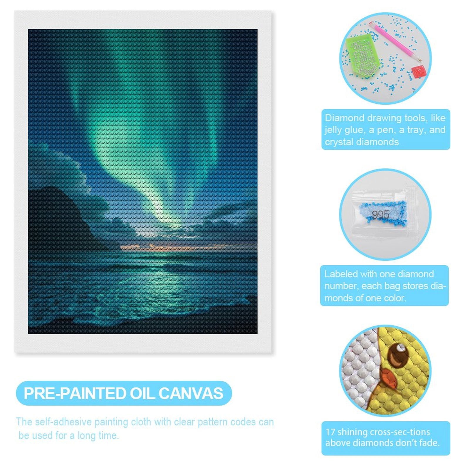 Diamond Art Kits for Adults, Aurora Borealis Over Ocean Sky 5D Diamond Painting Kits for Adults Beginners, DIY Full Drill Diamond Painting, Gem Art and Crafts 12x16