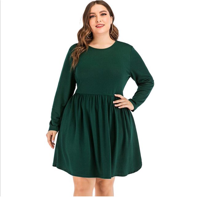 Robe T-Shirt à Manches Longues Col Rond Plissé Ample Décontractée Midi Longueur Genou