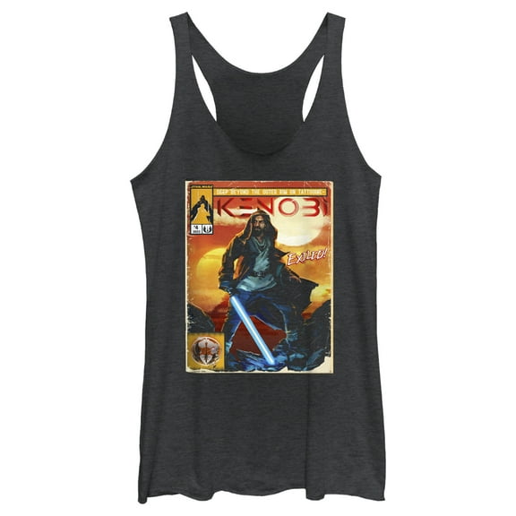 Women's Star Wars: Obi-Wan Kenobi Vintage Comic with Exiled Kenobi Racerback Tank Top Black Heather 2X Large