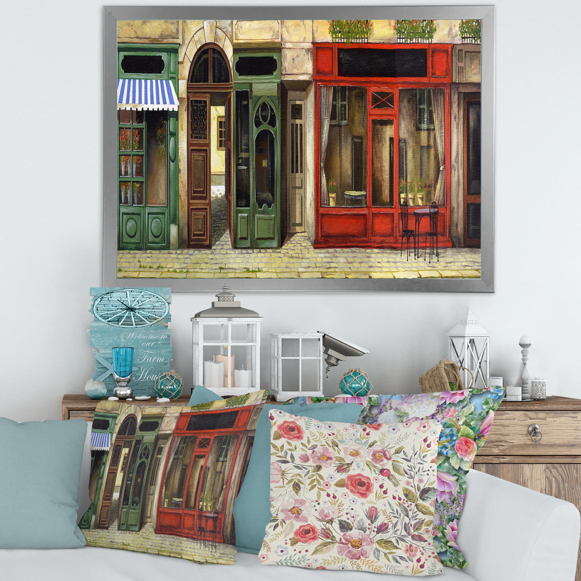 Red Facade of Charming Shop In Paris Street II 40 in x 30 in Framed Painting Canvas Art Print, by Designart