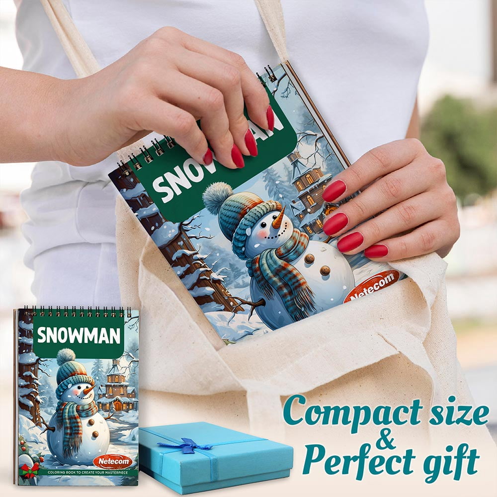 Netecom Snowman Coloring Book Spiral Bound for Adults, A5 Wooden Cover, 30 Cheerful Snowman Coloring Pages in Merry Christmas Day for Stress Relief and Relaxation