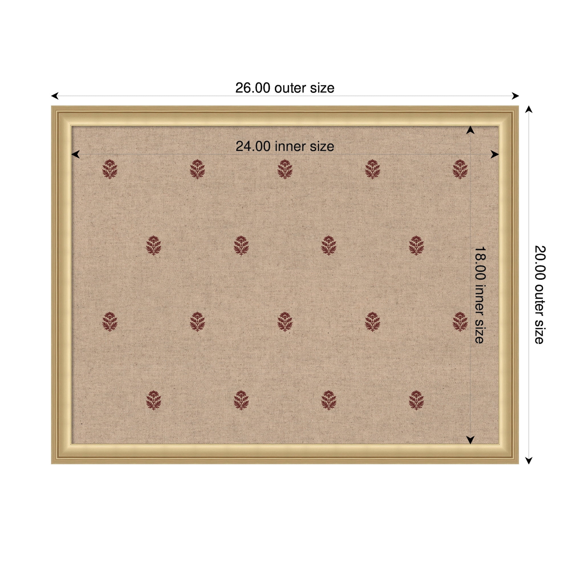 Kate and Laurel Framed Fabric Pinboard 26 x 20, Red Botanical Block Print Printed Linen Classic Bulletin Board for Use as a Vision Board or Wall Organization, Florence Gold Frame