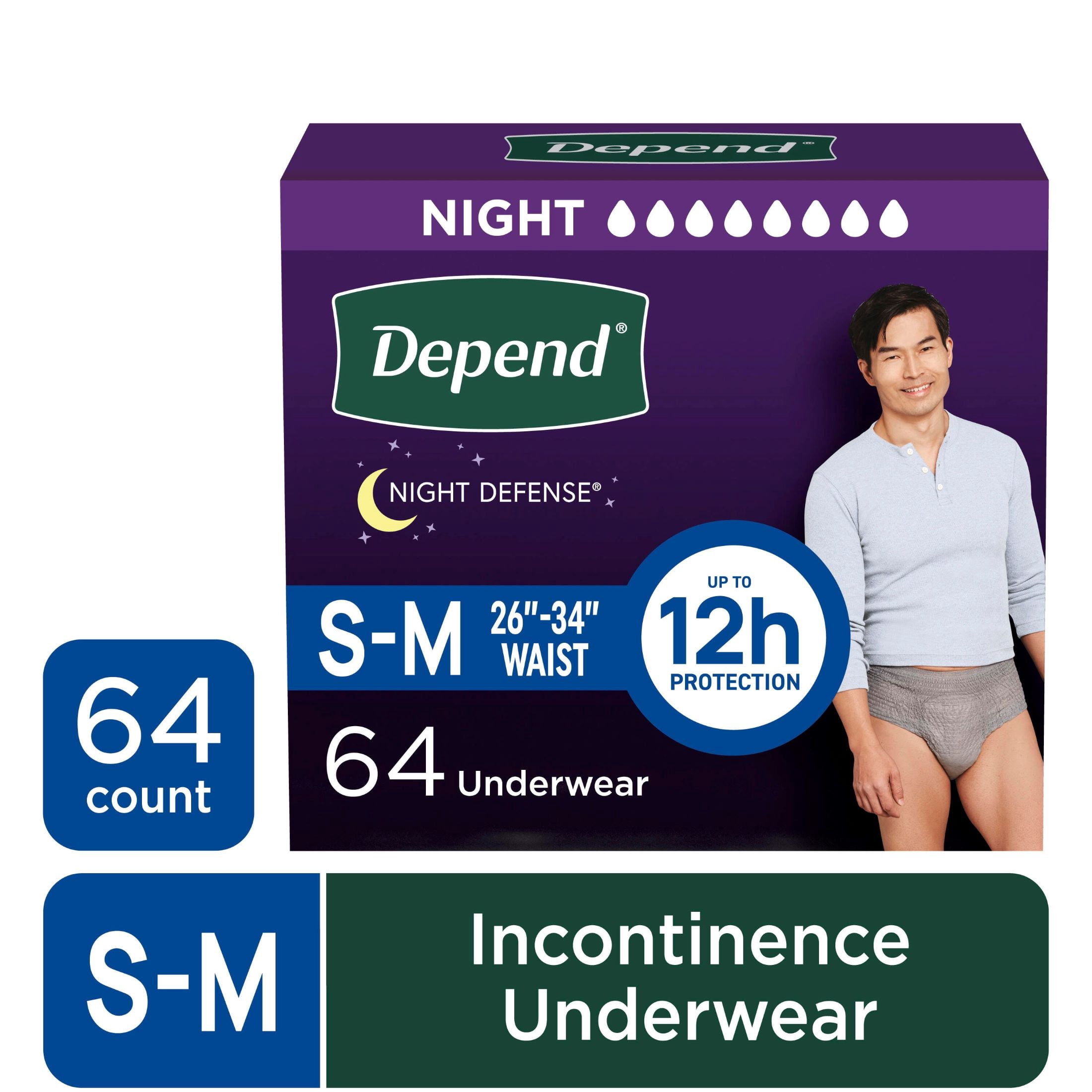 (2 pack) Depend Night Defense Incontinence Underwear for Men, Adult Diapers, S/M, 64 Count